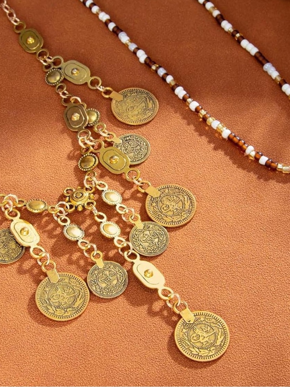 Anthropologie Gold Coin Fringe Necklace with Brown & Cream Beads - Picture 4 of 9